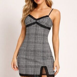 Oh Polly Black & Gray Plaid Lace-Trim Slip Dress